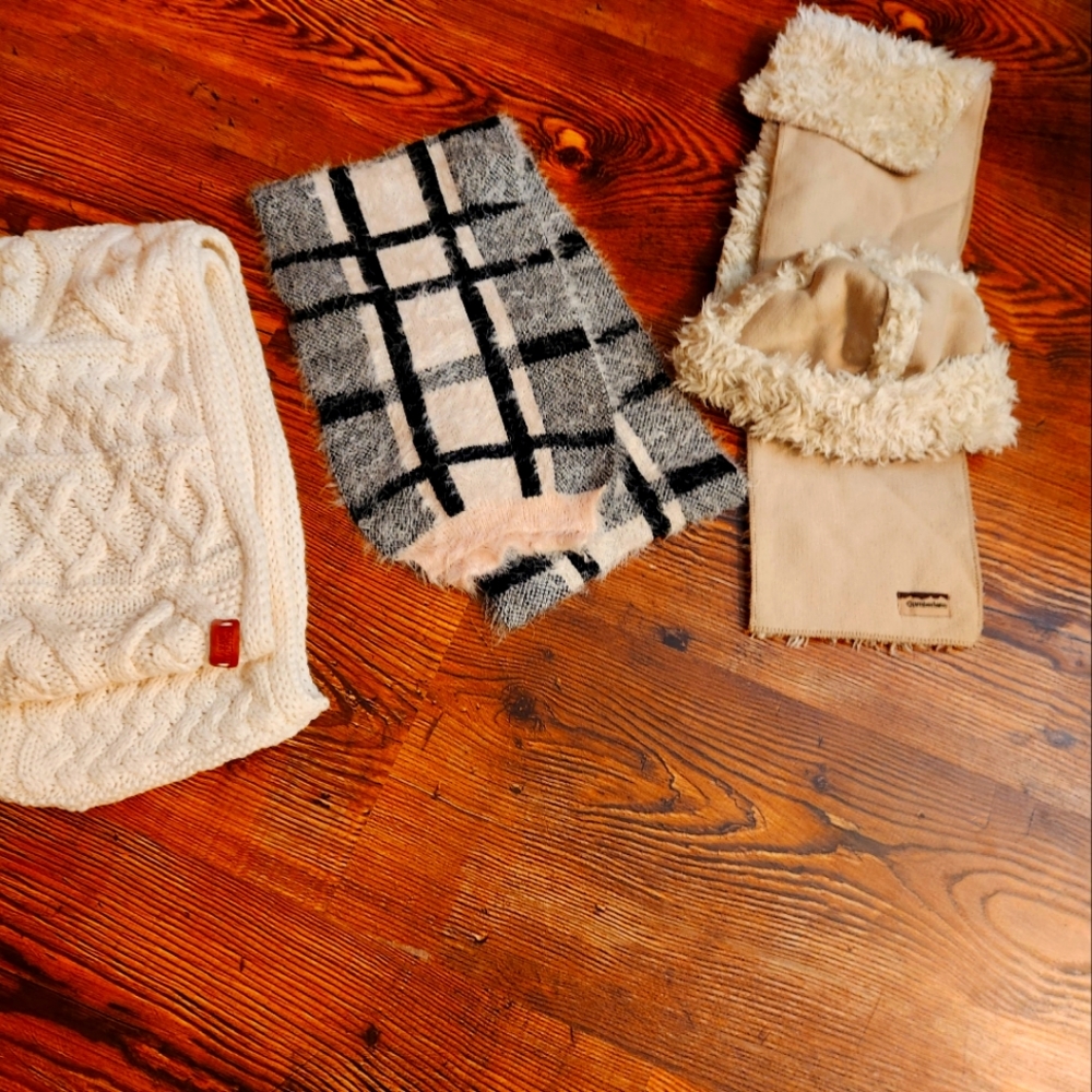 Three Winter Scarves, one with hat